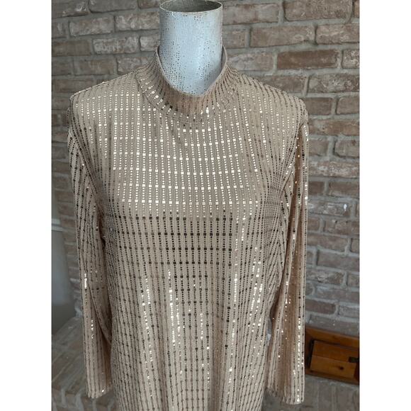 Anne Klein sequin mock neck top in gold metallic long sleeve stretch blouse. - Picture 4 of 5